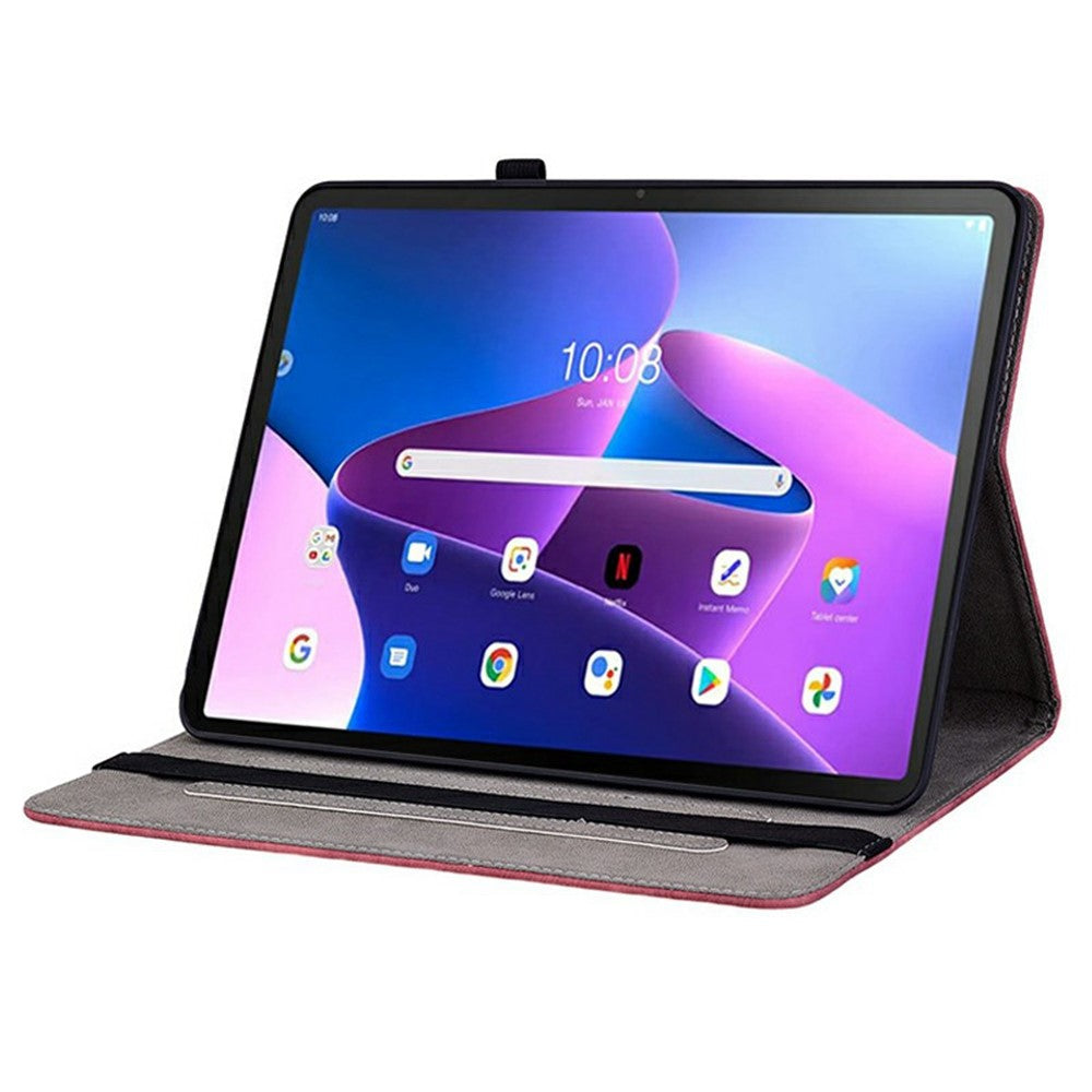 For Lenovo Tab TB311FU Case Card Holder Anti-Scratch Leather Cover Rose Flower Imprint - Red