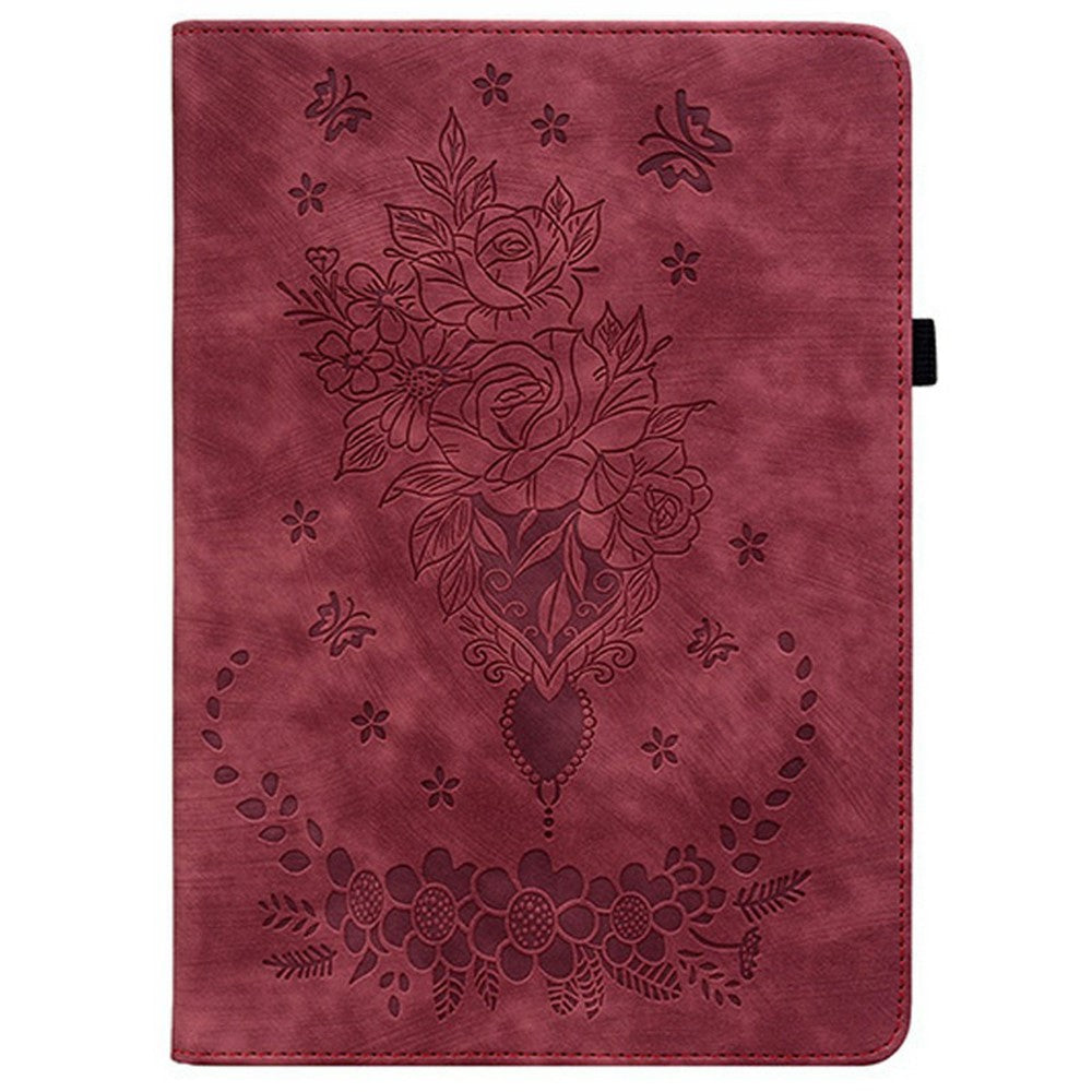 For Lenovo Tab TB311FU Case Card Holder Anti-Scratch Leather Cover Rose Flower Imprint - Red