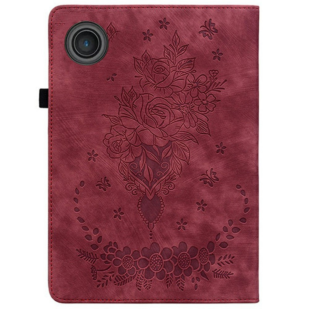For Lenovo Tab TB311FU Case Card Holder Anti-Scratch Leather Cover Rose Flower Imprint - Red