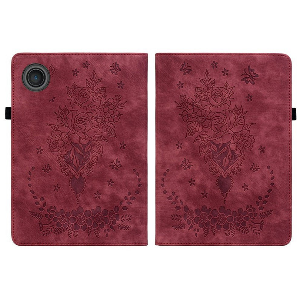 For Lenovo Tab TB311FU Case Card Holder Anti-Scratch Leather Cover Rose Flower Imprint - Red