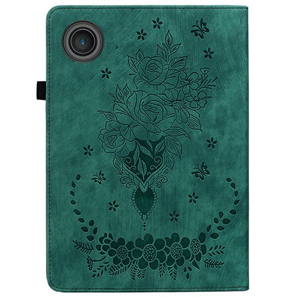 For Lenovo Tab TB311FU Case Card Holder Anti-Scratch Leather Cover Rose Flower Imprint - Green