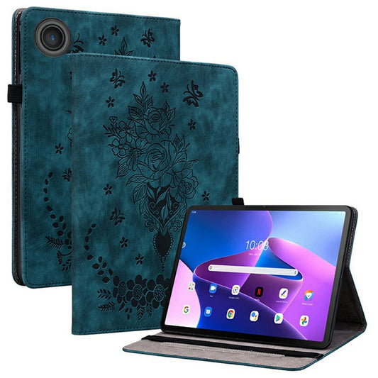 For Lenovo Tab TB311FU Case Card Holder Anti-Scratch Leather Cover Rose Flower Imprint - Blue