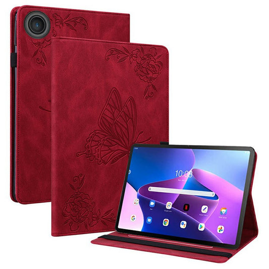 For Lenovo Tab TB311FU Case Butterfly Flower Imprint PU Leather Tablet Cover with Card Slots - Red