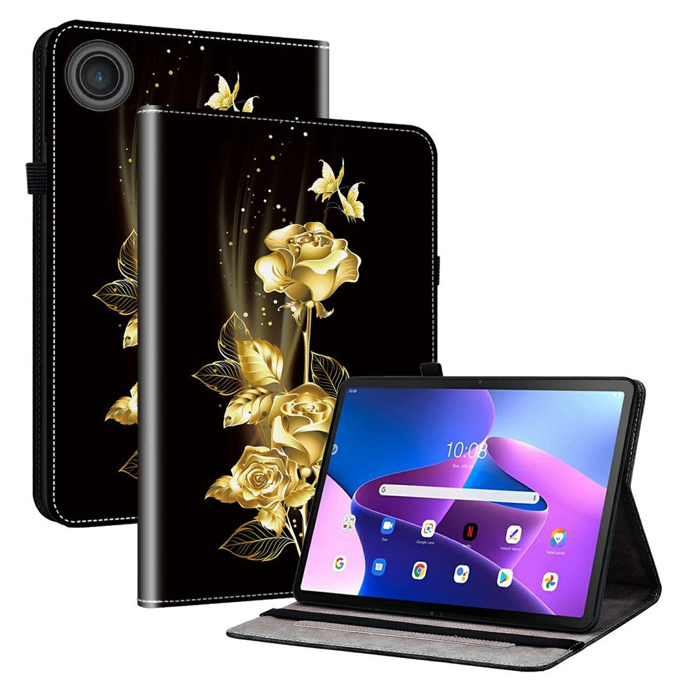 For Lenovo Tab TB311FU Leather Case Pattern Printed Stand Tablet Cover with Card Slots - Gold Butterfly Rose