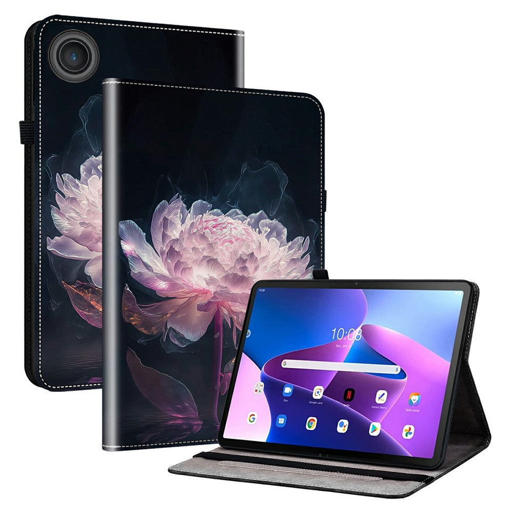 For Lenovo Tab TB311FU Leather Case Pattern Printed Stand Tablet Cover with Card Slots - Purple Peony