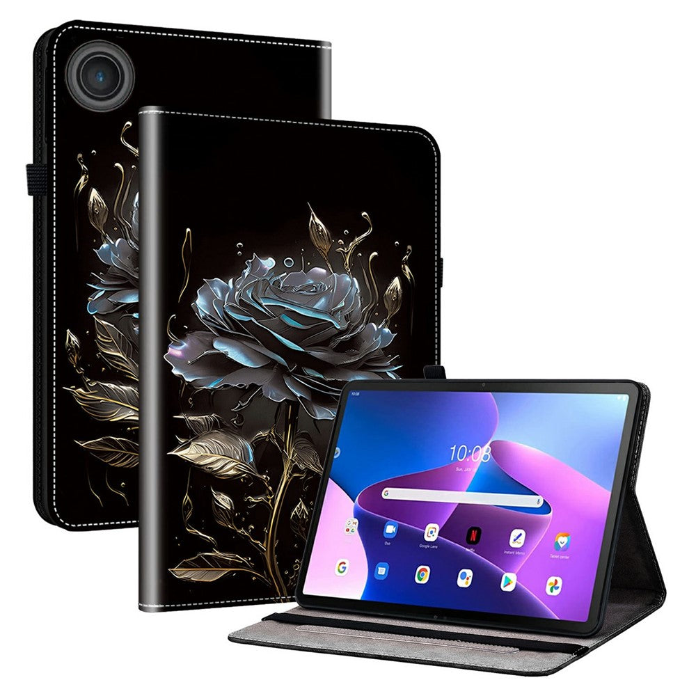 For Lenovo Tab TB311FU Leather Case Pattern Printed Stand Tablet Cover with Card Slots - Black Rose