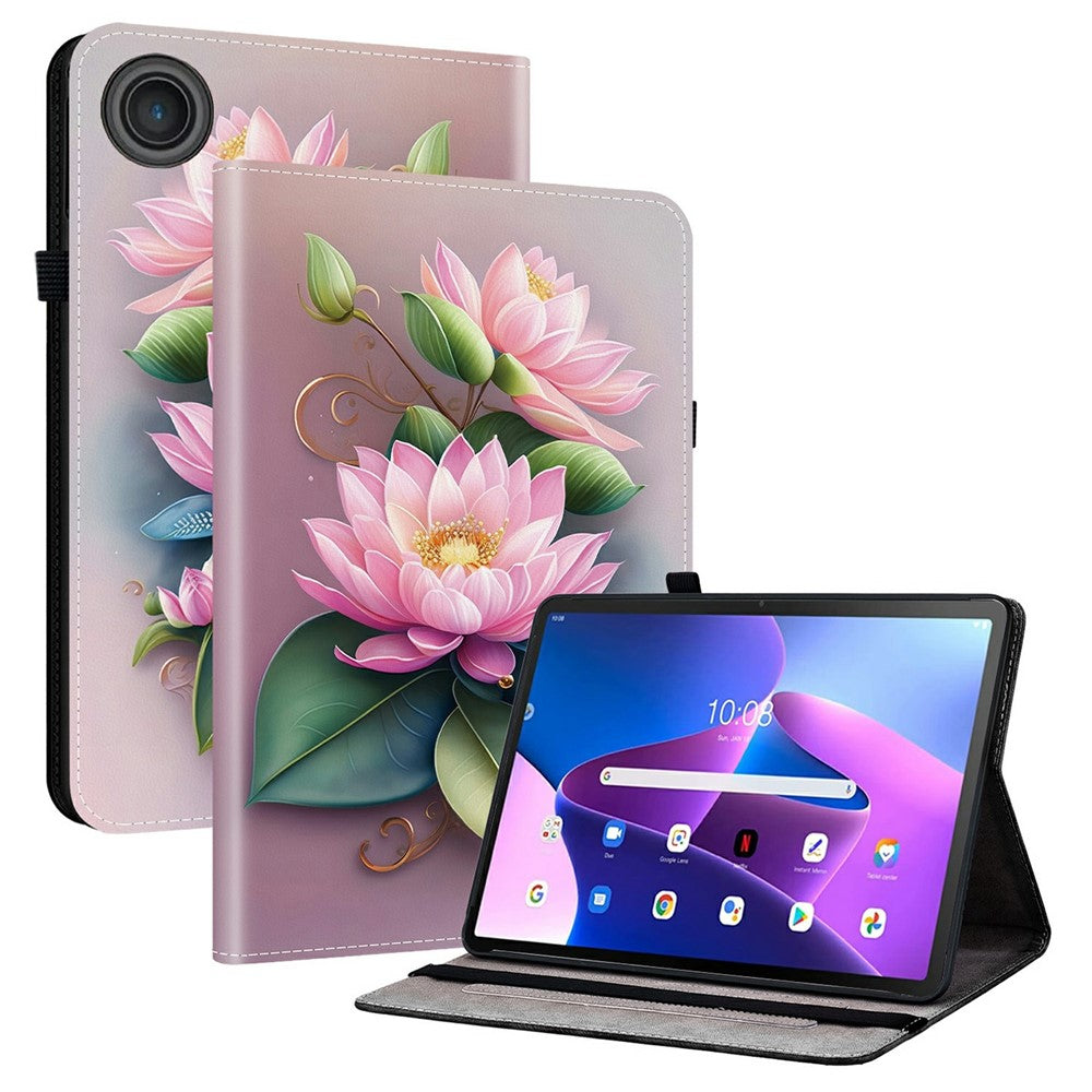 For Lenovo Tab TB311FU Leather Case Pattern Printed Stand Tablet Cover with Card Slots - Lotus