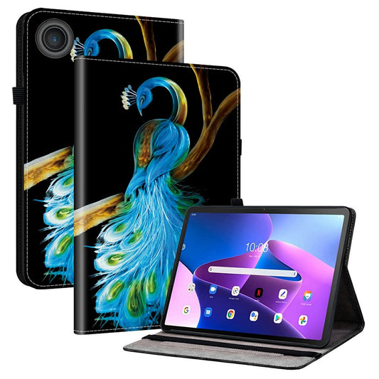 For Lenovo Tab TB311FU Leather Case Pattern Printed Stand Tablet Cover with Card Slots - Peacock
