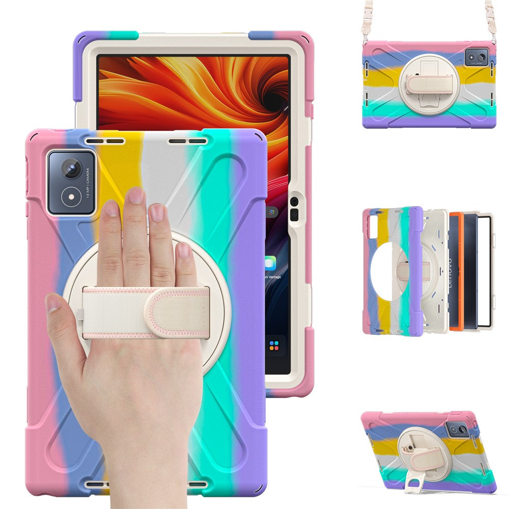 For Lenovo Tab K11 Plus / Zhaoyang K11 B352FU, TB230XC Kickstand Case TPU PC Silicone Tablet Cover with Shoulder Strap - Colorful Pink