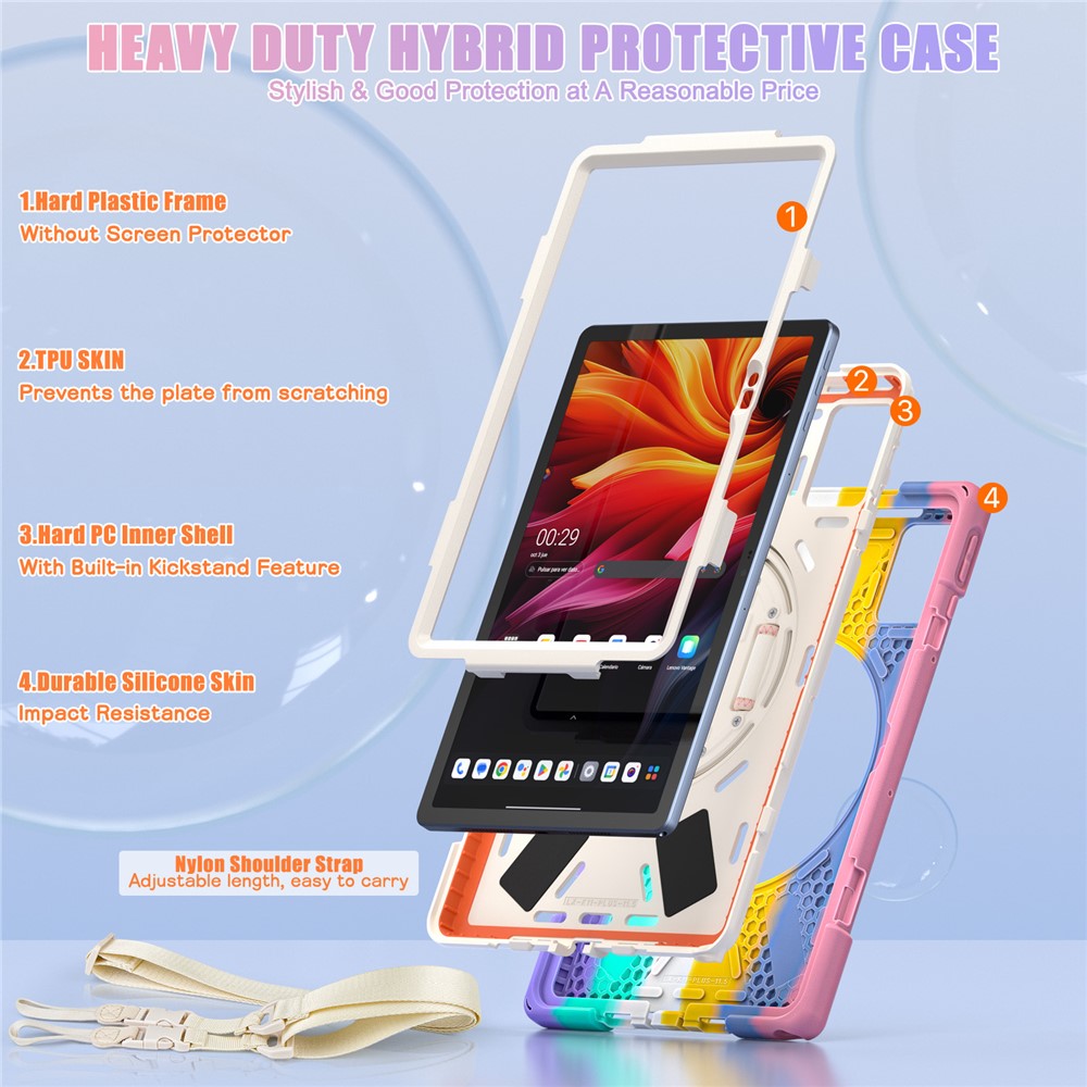 For Lenovo Tab K11 Plus / Zhaoyang K11 B352FU, TB230XC Kickstand Case TPU PC Silicone Tablet Cover with Shoulder Strap - Colorful Pink