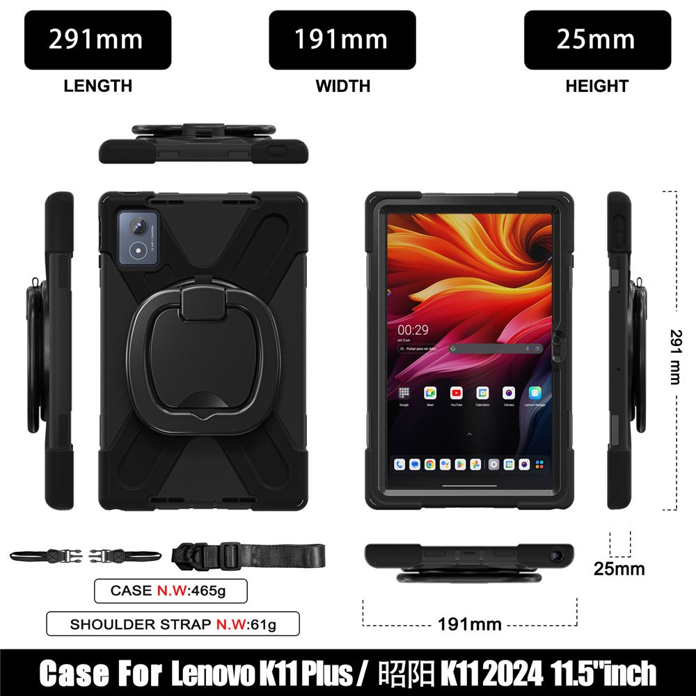 For Lenovo Tab K11 Plus / Zhaoyang K11 B352FU, TB230XC Case with Shoulder Strap TPU + PC + Silicone Kickstand Tablet Cover - Black