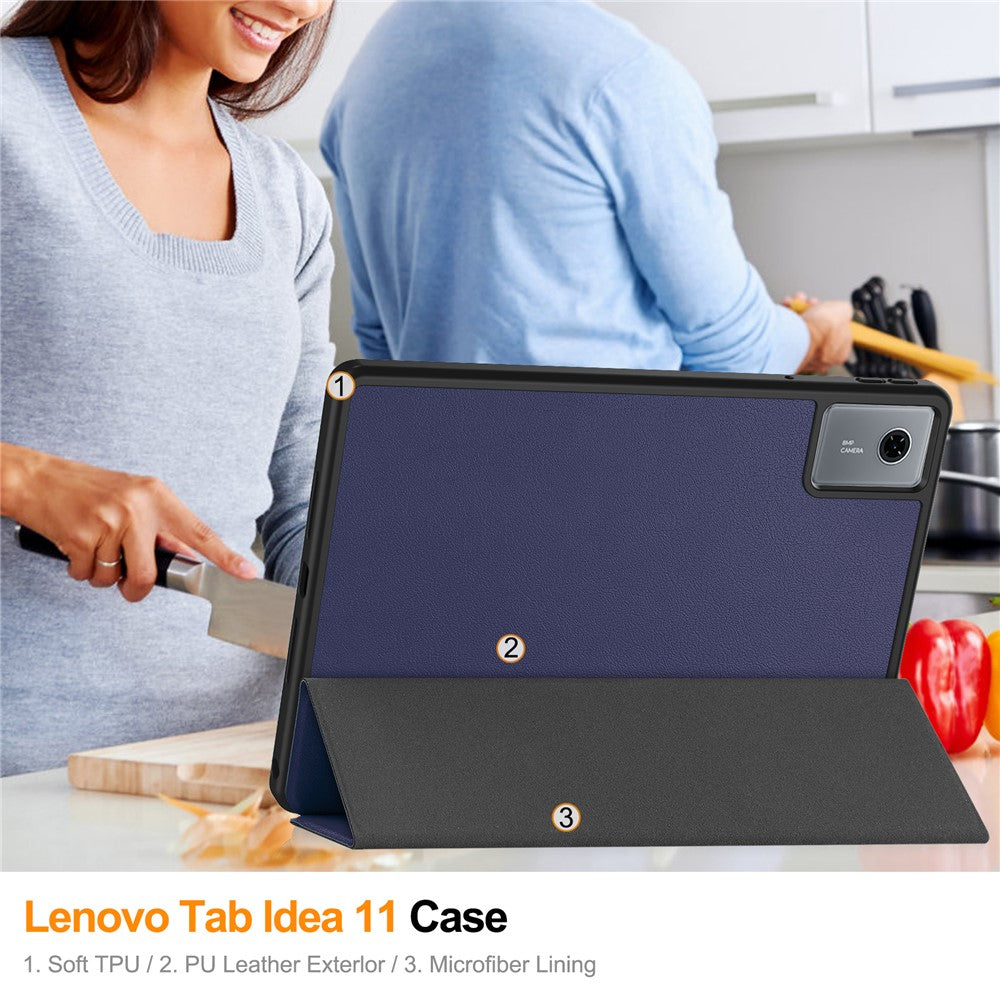 For Lenovo Idea Tab (TB336ZU / TB336FU) / Xiaoxin Pad 11 2025 Stand Case Shock-Absorbent Leather Tablet Cover with Pen Slot - Dark Blue
