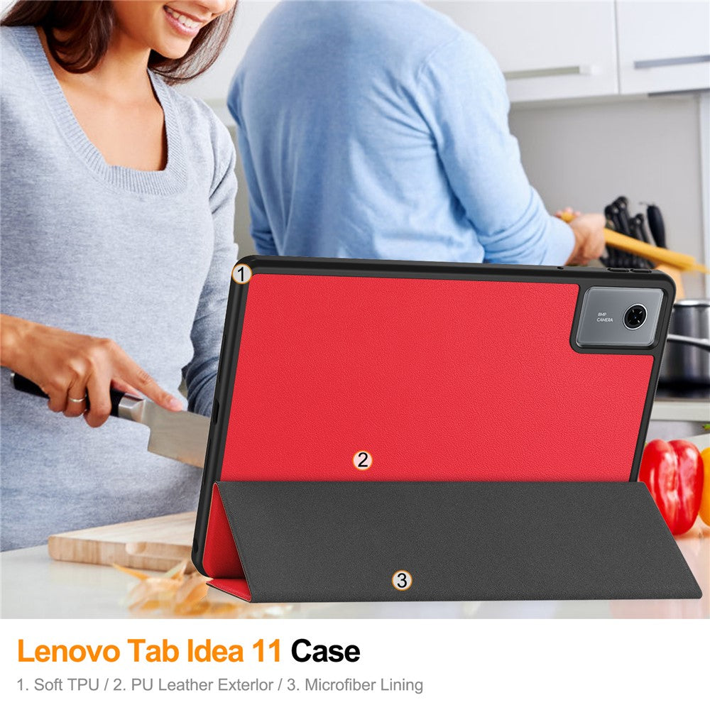 For Lenovo Idea Tab (TB336ZU / TB336FU) / Xiaoxin Pad 11 2025 Stand Case Shock-Absorbent Leather Tablet Cover with Pen Slot - Red