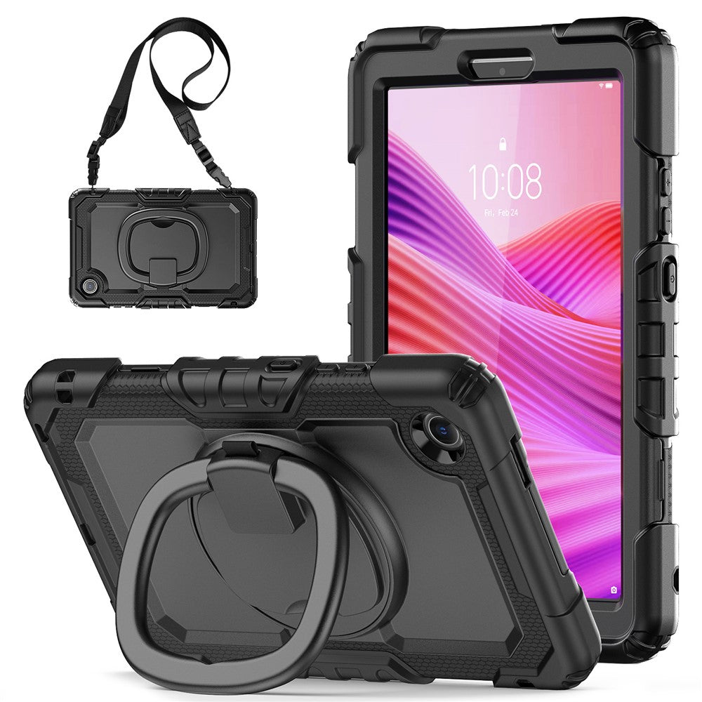 For Lenovo Tab K9 TB305FU Kickstand Case PC + Silicone Tablet Cover with Shoulder Strap - Black