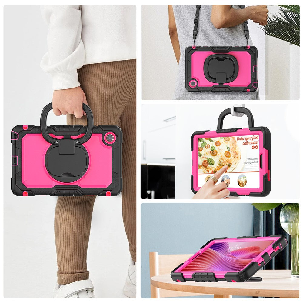 For Lenovo Tab K9 TB305FU Kickstand Case PC + Silicone Tablet Cover with Shoulder Strap - Black / Rose