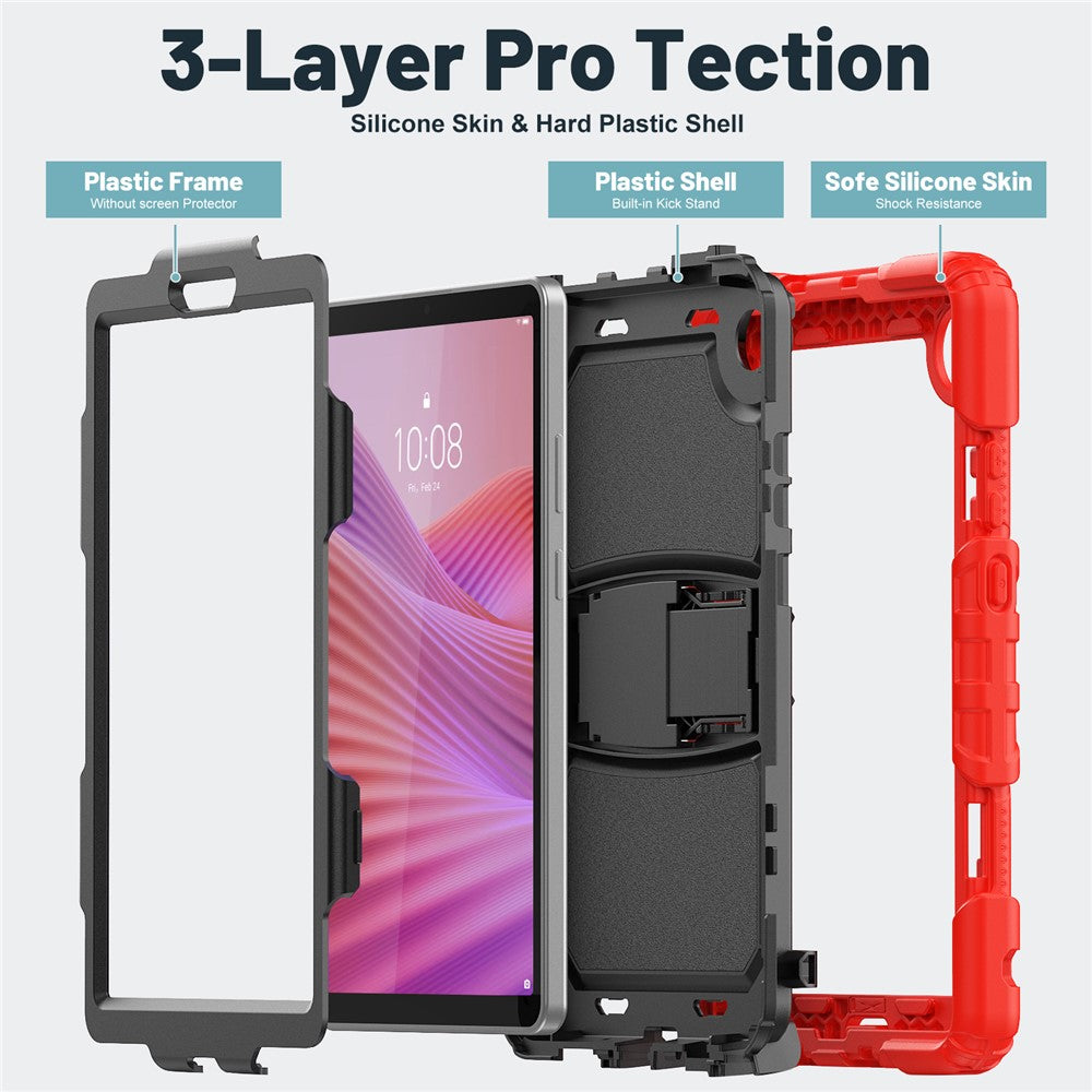 For Lenovo Tab K9 TB305FU Case with Shoulder Strap Kickstand PC + Silicone Shockproof Tablet Cover - Red