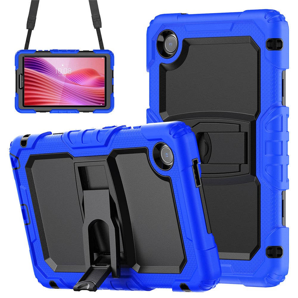 For Lenovo Tab K9 TB305FU Case with Shoulder Strap Kickstand PC + Silicone Shockproof Tablet Cover - Dark Blue