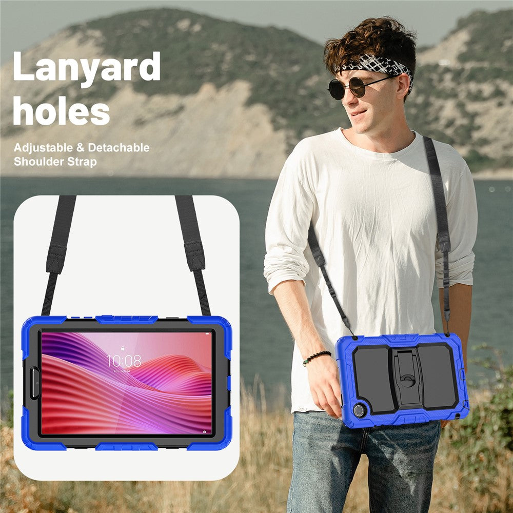 For Lenovo Tab K9 TB305FU Case with Shoulder Strap Kickstand PC + Silicone Shockproof Tablet Cover - Dark Blue