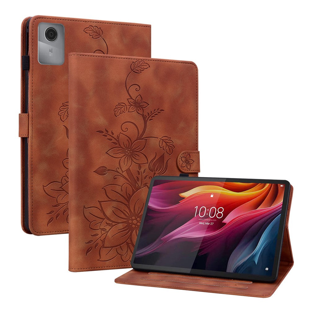 For Lenovo Idea Tab (TB336ZU / TB336FU) / Xiaoxin Pad 11 2025 Case Lily Flower Imprint Card Slots Leather Tablet Cover - Brown