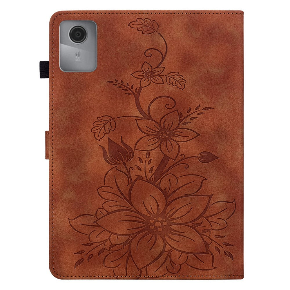 For Lenovo Idea Tab (TB336ZU / TB336FU) / Xiaoxin Pad 11 2025 Case Lily Flower Imprint Card Slots Leather Tablet Cover - Brown