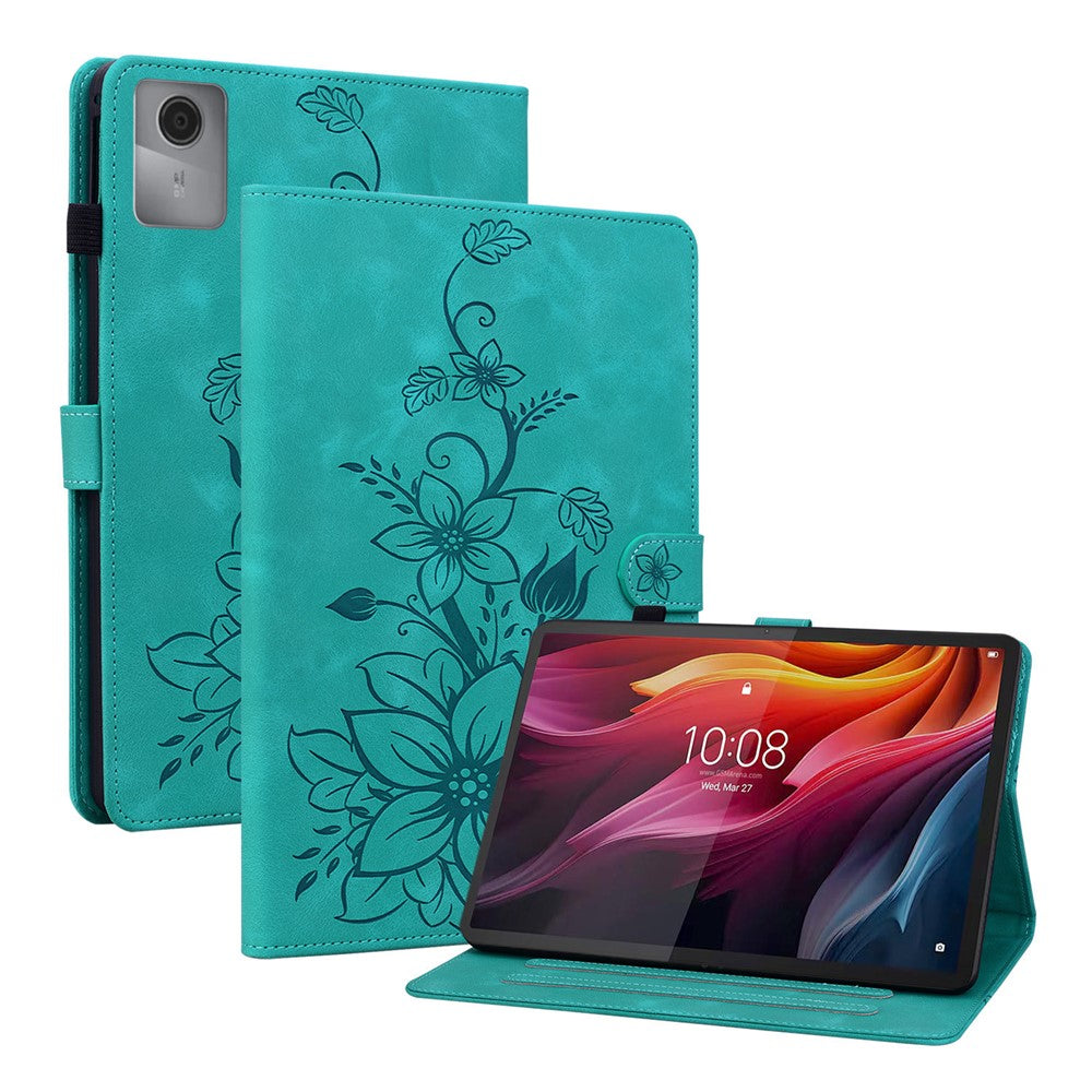 For Lenovo Idea Tab (TB336ZU / TB336FU) / Xiaoxin Pad 11 2025 Case Lily Flower Imprint Card Slots Leather Tablet Cover - Green