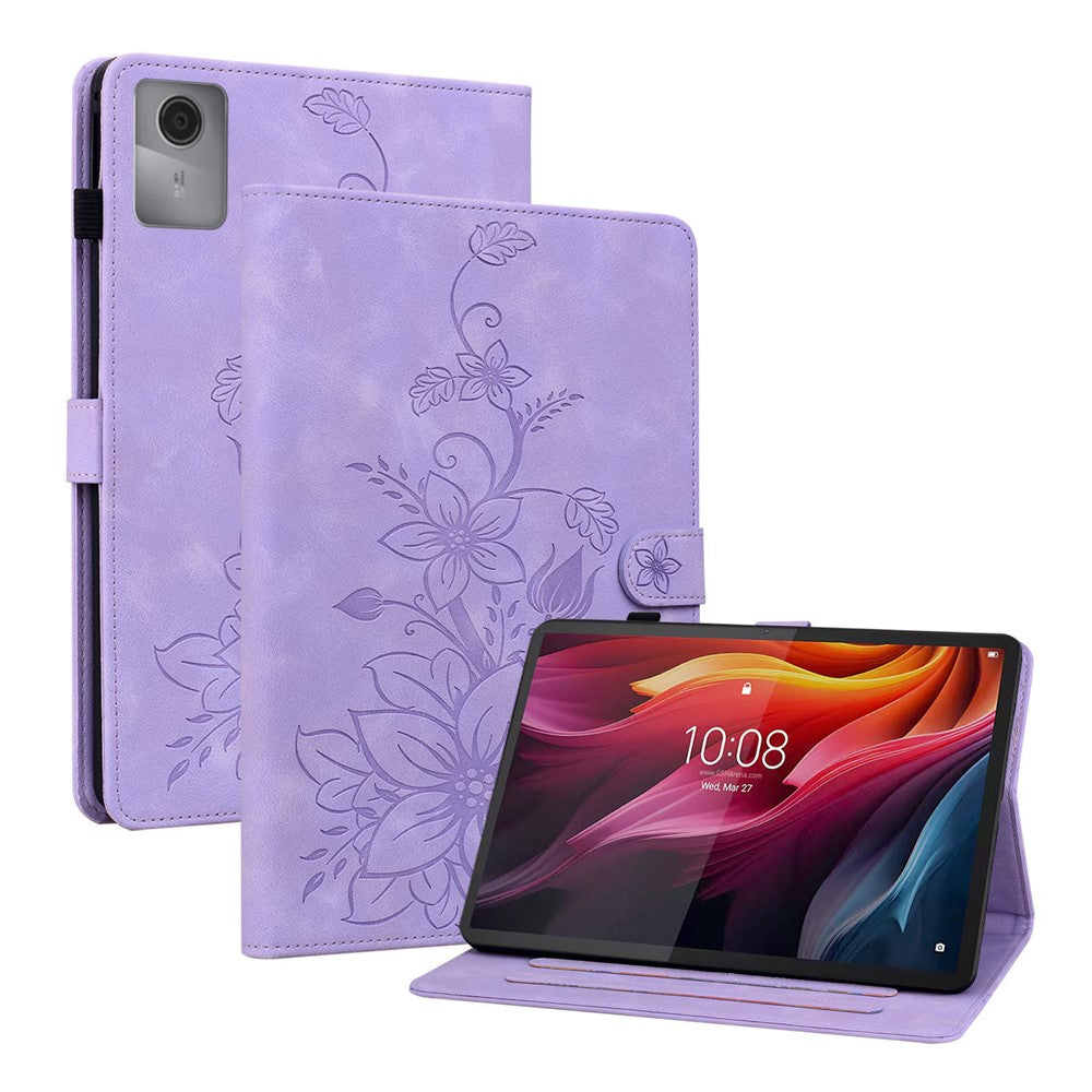 For Lenovo Idea Tab (TB336ZU / TB336FU) / Xiaoxin Pad 11 2025 Case Lily Flower Imprint Card Slots Leather Tablet Cover - Purple