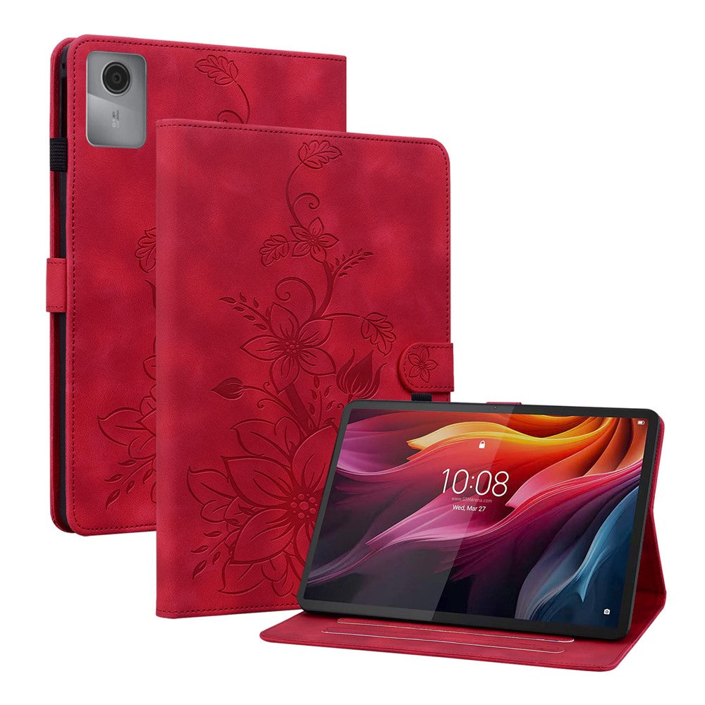 For Lenovo Idea Tab (TB336ZU / TB336FU) / Xiaoxin Pad 11 2025 Case Lily Flower Imprint Card Slots Leather Tablet Cover - Red