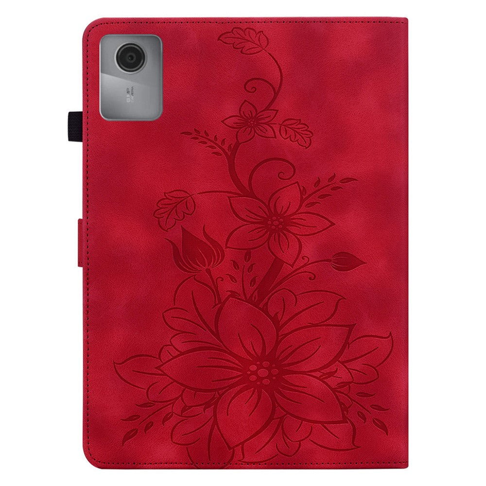 For Lenovo Idea Tab (TB336ZU / TB336FU) / Xiaoxin Pad 11 2025 Case Lily Flower Imprint Card Slots Leather Tablet Cover - Red