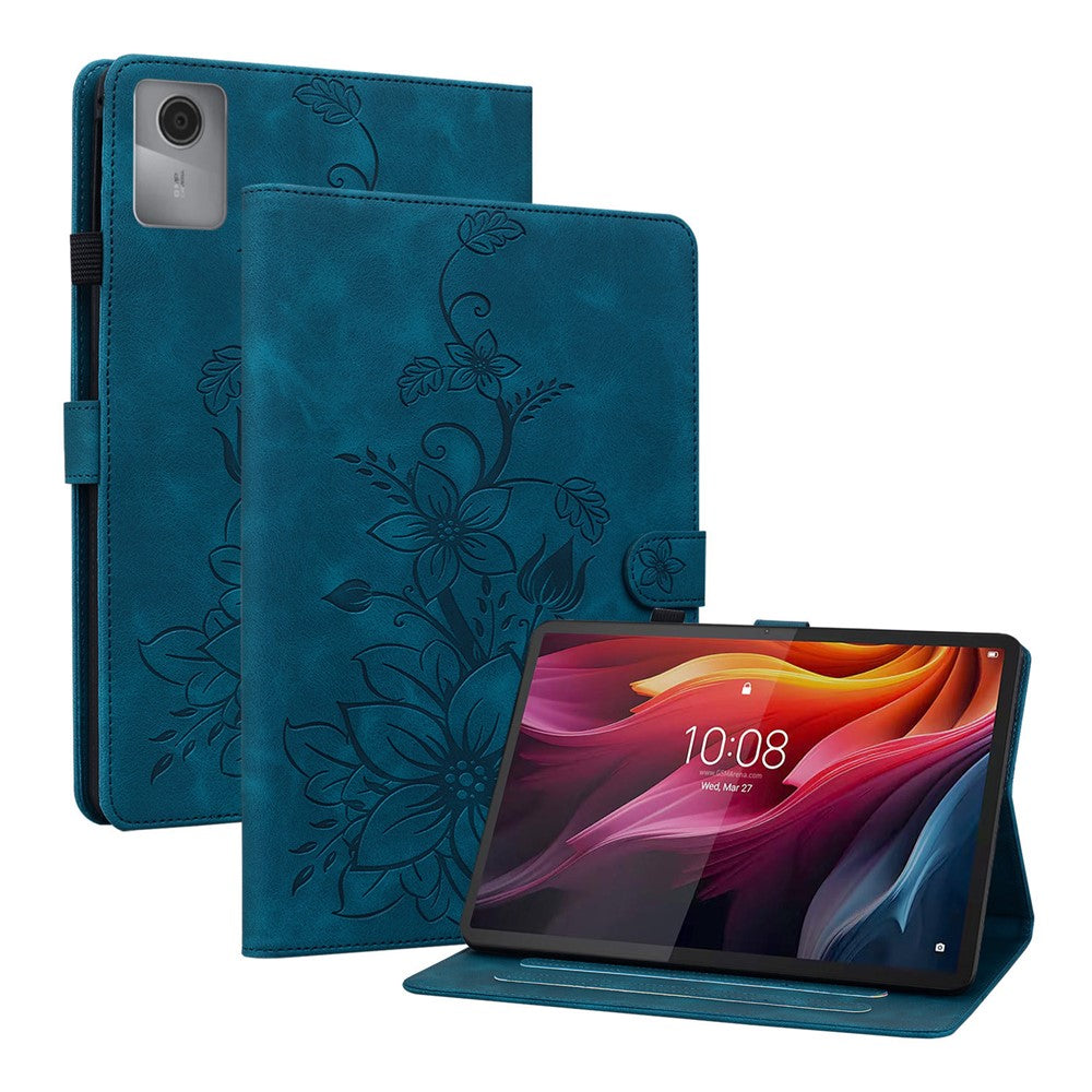 For Lenovo Idea Tab (TB336ZU / TB336FU) / Xiaoxin Pad 11 2025 Case Lily Flower Imprint Card Slots Leather Tablet Cover - Blue