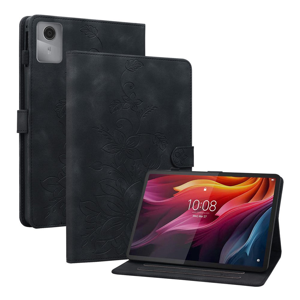 For Lenovo Idea Tab (TB336ZU / TB336FU) / Xiaoxin Pad 11 2025 Case Lily Flower Imprint Card Slots Leather Tablet Cover - Black