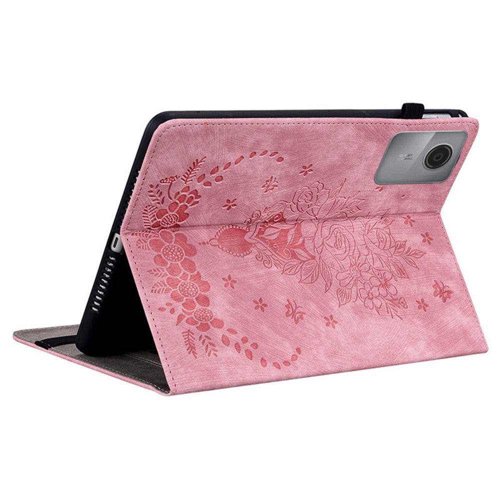 For Lenovo Idea Tab (TB336ZU / TB336FU) / Xiaoxin Pad 11 2025 Case Card Holder Anti-Scratch Leather Cover Rose Flower Imprint - Pink