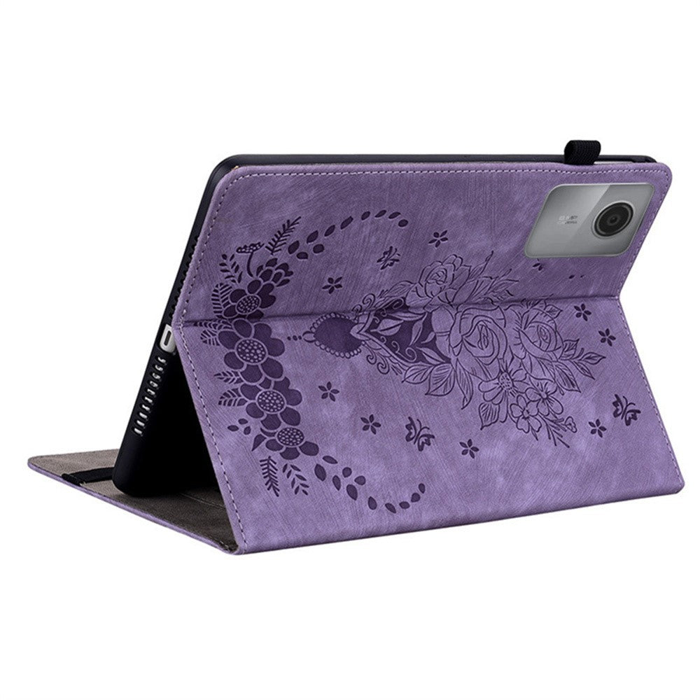 For Lenovo Idea Tab (TB336ZU / TB336FU) / Xiaoxin Pad 11 2025 Case Card Holder Anti-Scratch Leather Cover Rose Flower Imprint - Purple