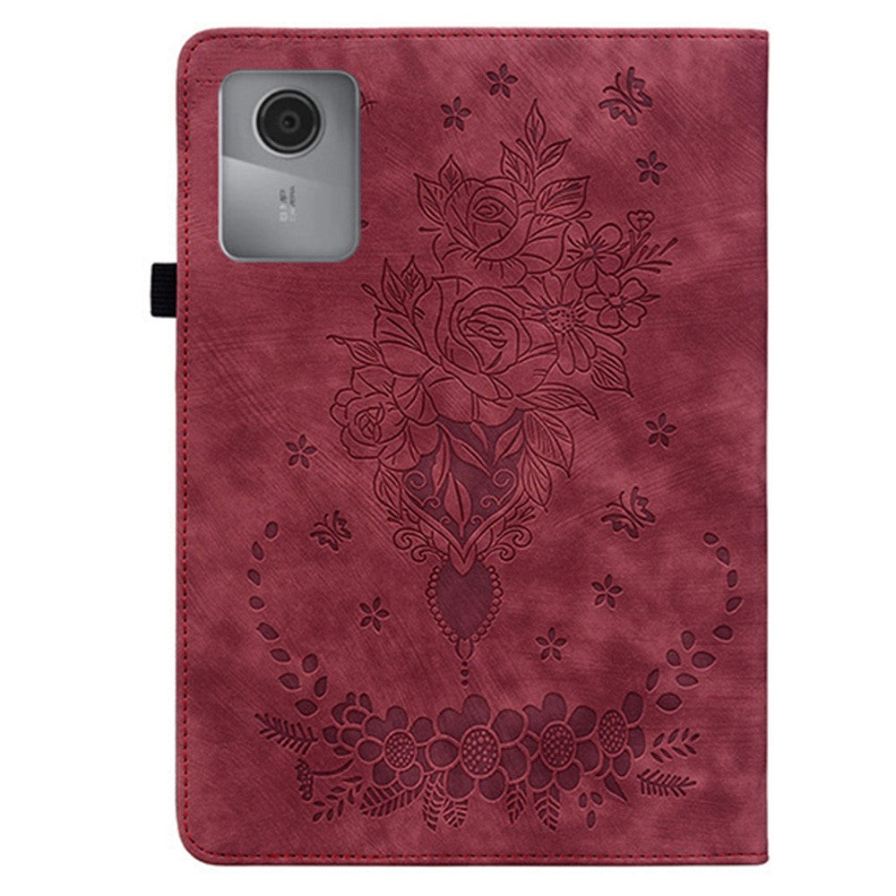 For Lenovo Idea Tab (TB336ZU / TB336FU) / Xiaoxin Pad 11 2025 Case Card Holder Anti-Scratch Leather Cover Rose Flower Imprint - Red