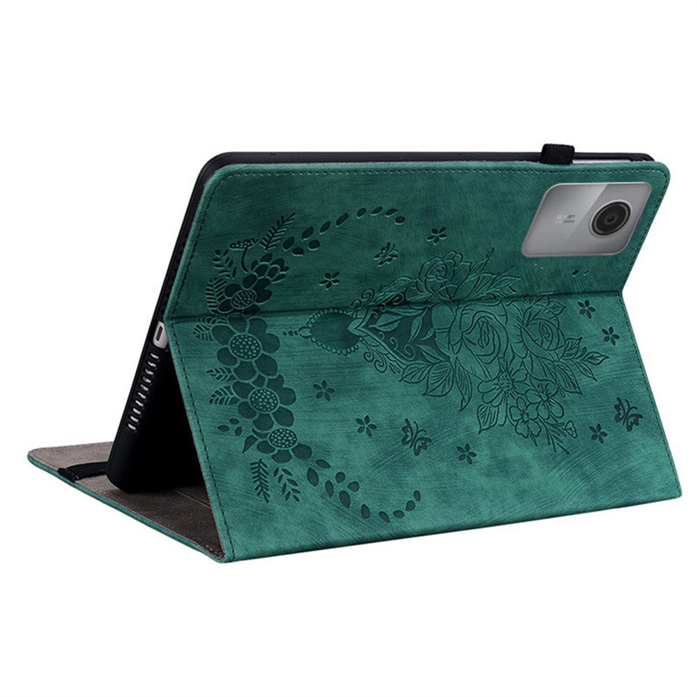 For Lenovo Idea Tab (TB336ZU / TB336FU) / Xiaoxin Pad 11 2025 Case Card Holder Anti-Scratch Leather Cover Rose Flower Imprint - Green