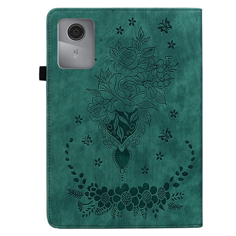 For Lenovo Idea Tab (TB336ZU / TB336FU) / Xiaoxin Pad 11 2025 Case Card Holder Anti-Scratch Leather Cover Rose Flower Imprint - Green
