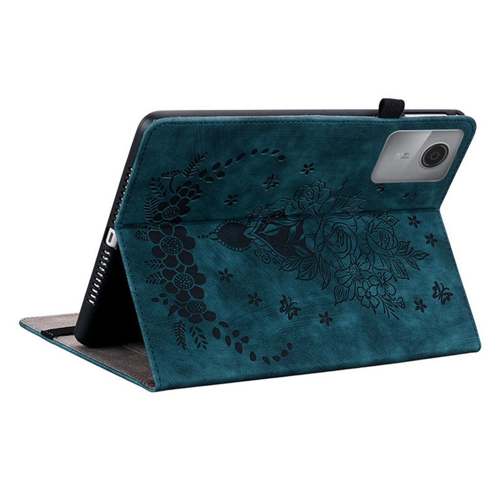 For Lenovo Idea Tab (TB336ZU / TB336FU) / Xiaoxin Pad 11 2025 Case Card Holder Anti-Scratch Leather Cover Rose Flower Imprint - Blue