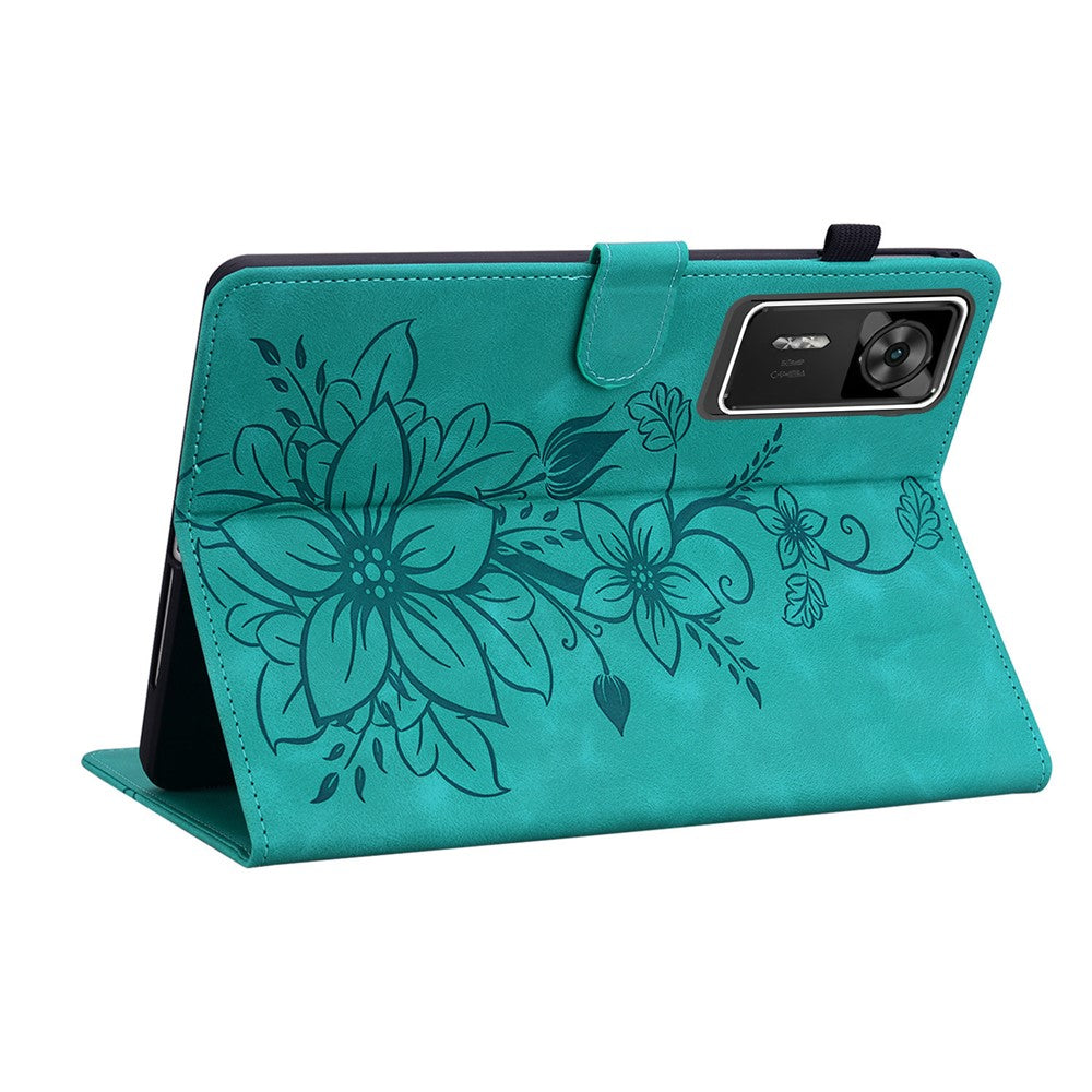 For Lenovo Legion Y700 Gen 4 Case Lily Flower Imprint Card Slots Leather Tablet Cover - Green