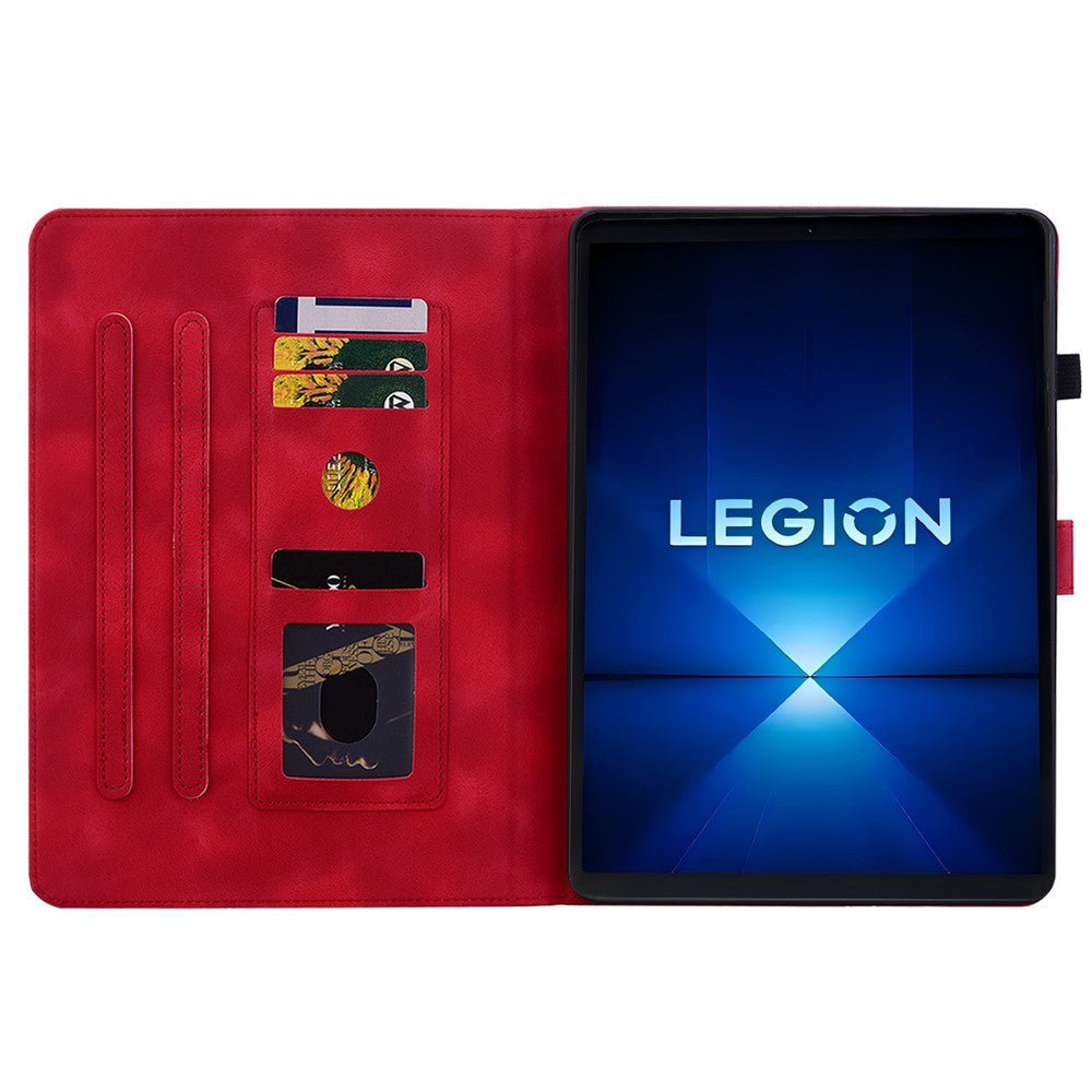 For Lenovo Legion Y700 Gen 4 Case Lily Flower Imprint Card Slots Leather Tablet Cover - Red