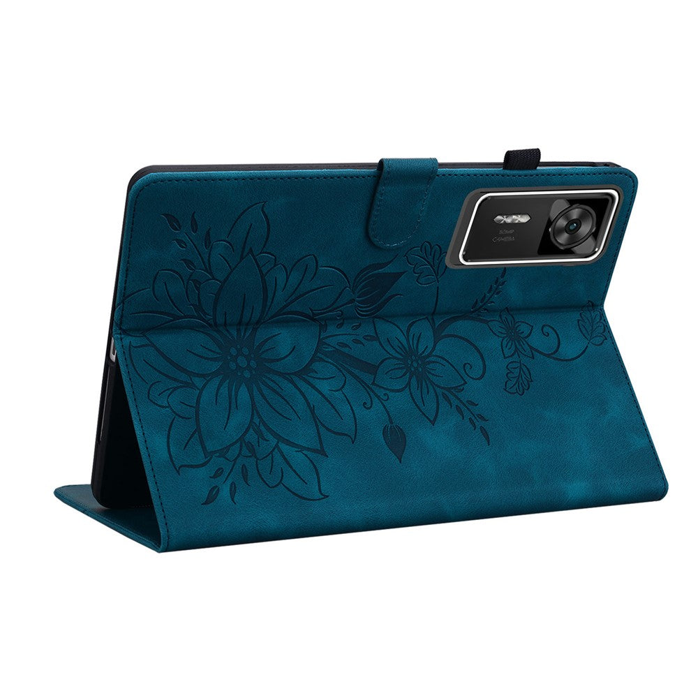 For Lenovo Legion Y700 Gen 4 Case Lily Flower Imprint Card Slots Leather Tablet Cover - Blue