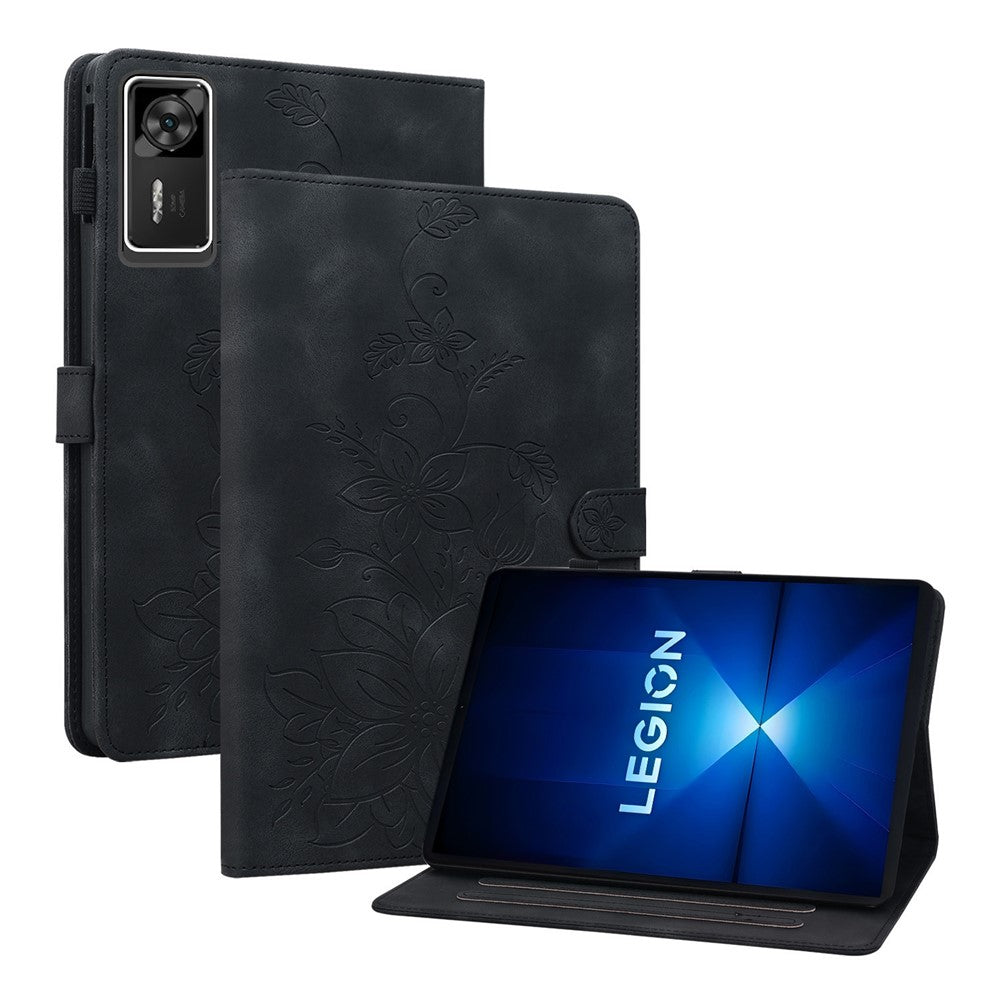 For Lenovo Legion Y700 Gen 4 Case Lily Flower Imprint Card Slots Leather Tablet Cover - Black
