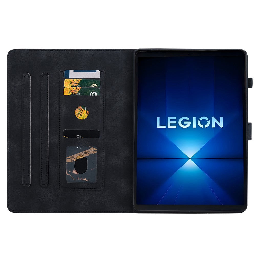 For Lenovo Legion Y700 Gen 4 Case Lily Flower Imprint Card Slots Leather Tablet Cover - Black
