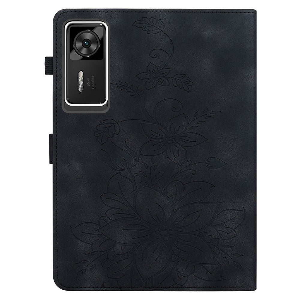For Lenovo Legion Y700 Gen 4 Case Lily Flower Imprint Card Slots Leather Tablet Cover - Black