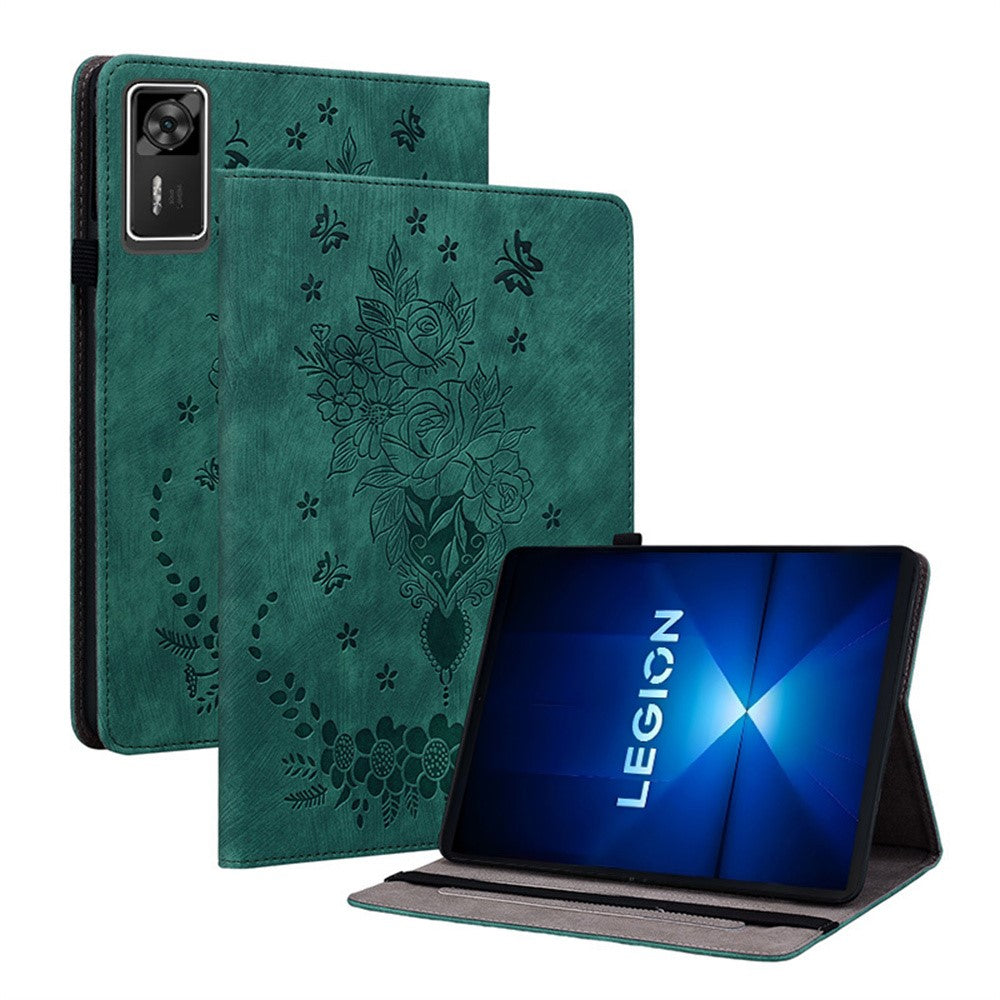 For Lenovo Legion Y700 Gen 4 Case Card Holder Anti-Scratch Leather Cover Rose Flower Imprint - Green