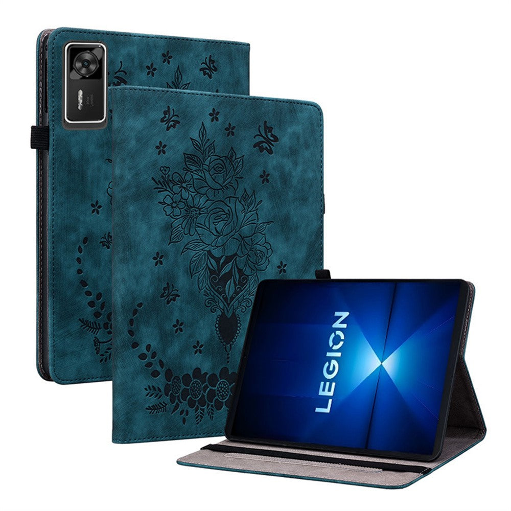 For Lenovo Legion Y700 Gen 4 Case Card Holder Anti-Scratch Leather Cover Rose Flower Imprint - Blue
