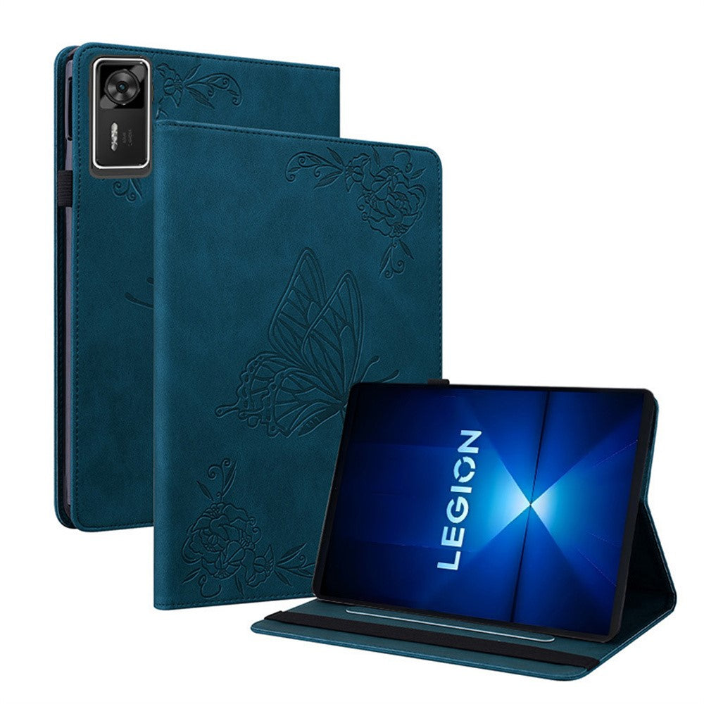 For Lenovo Legion Y700 Gen 4 Case Butterfly Flower Imprint PU Leather Tablet Cover with Card Slots - Blue