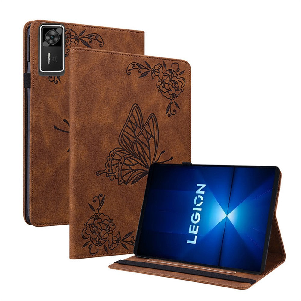 For Lenovo Legion Y700 Gen 4 Case Butterfly Flower Imprint PU Leather Tablet Cover with Card Slots - Brown