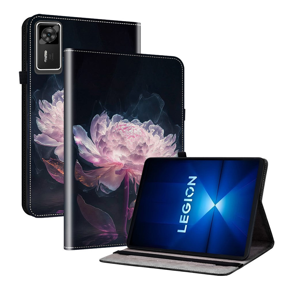 For Lenovo Legion Y700 Gen 4 Leather Case Pattern Printed Stand Tablet Cover with Card Slots - Purple Peony