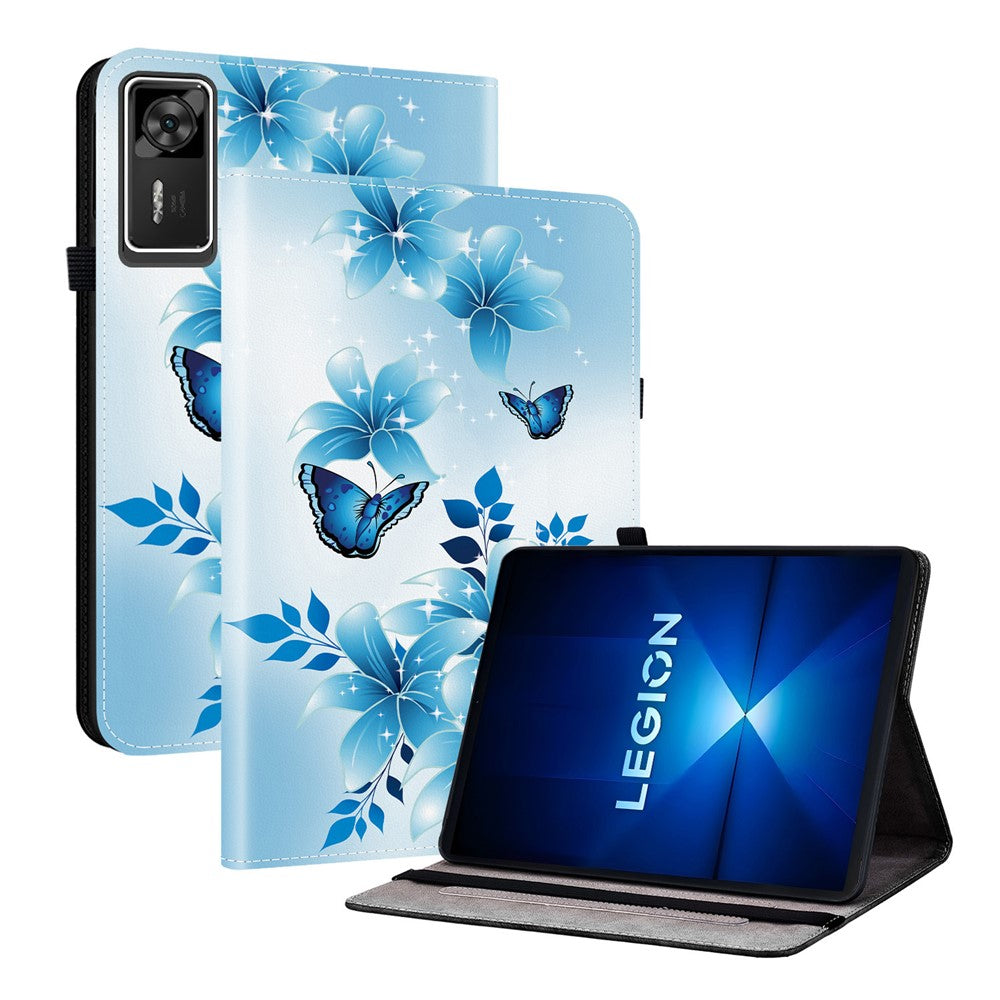 For Lenovo Legion Y700 Gen 4 Leather Case Pattern Printed Stand Tablet Cover with Card Slots - Blue Butterfly
