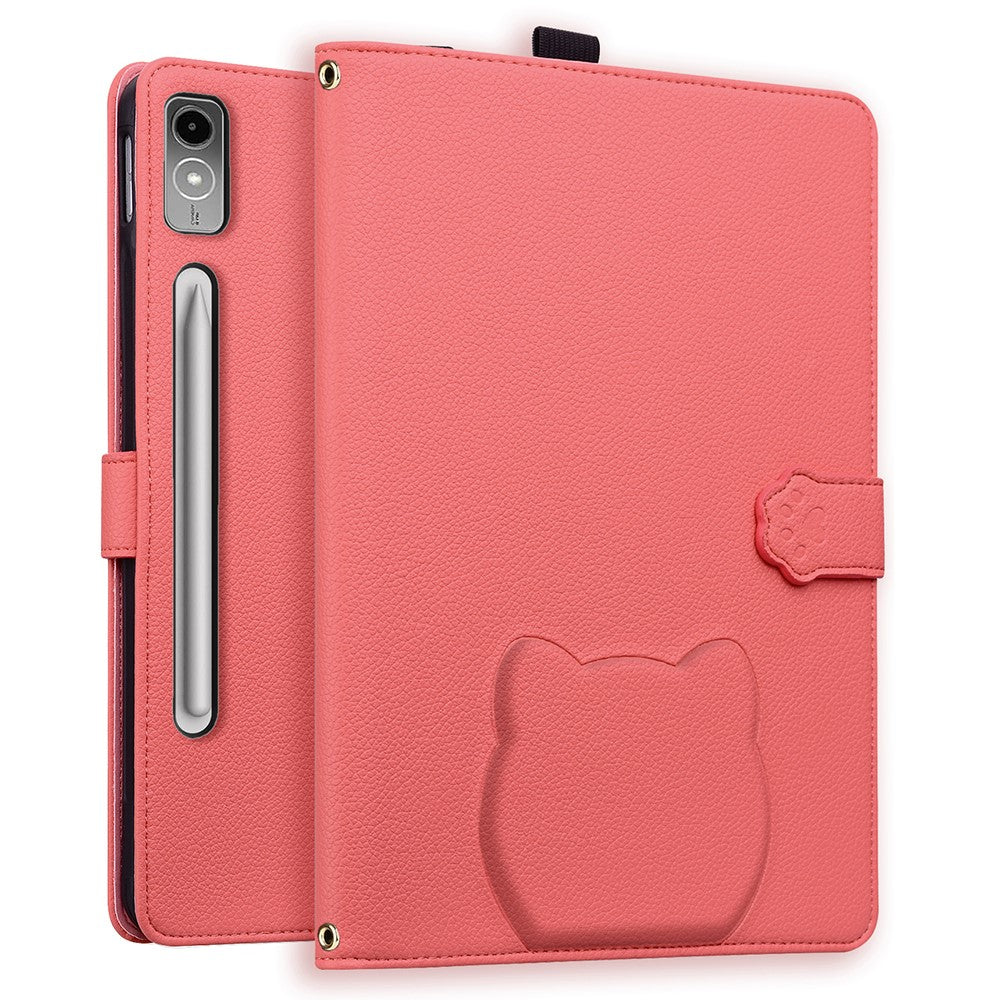 For Lenovo Tab P12 Case 3D Effect Cat Pattern Leather Stand Table Cover with Wallet, Stylus Holder - Watermelon Red