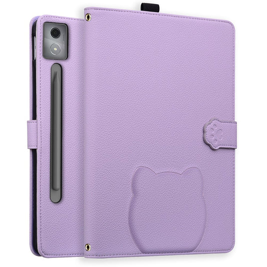 For Lenovo Xiaoxin Pad Pro 12.7 (2025) Case 3D Effect Cat Pattern Leather Stand Table Cover with Wallet, Stylus Holder - Purple